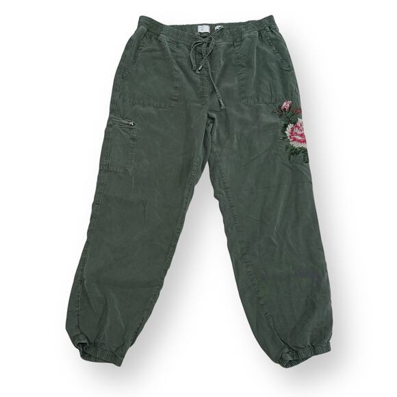Postmark Anthropologie Jarvis Floral Embroidered Joggers Pants Large Army Green - Picture 4 of 14